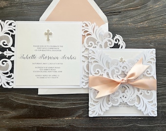 White and Blush First Holy Communion Invitation | Baptism Invitation | Christening Invitation | Girls First Communion Invite