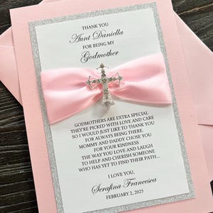 Cartão de agradecimento para madrinha e padrinho, cartão de proposta de padrinho rosa personalizado, cartão de agradecimento de batismo, design personalizável