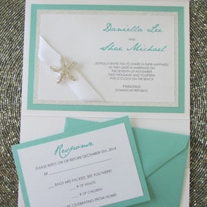 Invito tascabile per matrimonio a destinazione, invito per matrimonio tropicale, invito per matrimonio in spiaggia, cursore di cristallo a forma di stella marina, acquamarina, tema spiaggia