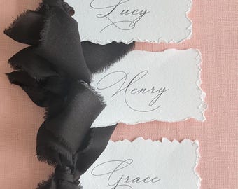 Modern Deckle Edge Place Card with Ribbon | Printed Name Card | Wedding Escort Card