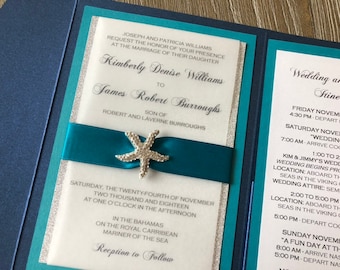 Teal and Navy Beach Themed Wedding Invitation