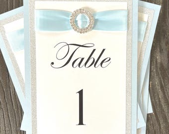 Sparkling Glamorous Baby Blue Table Number for Weddings and Special Occasions
