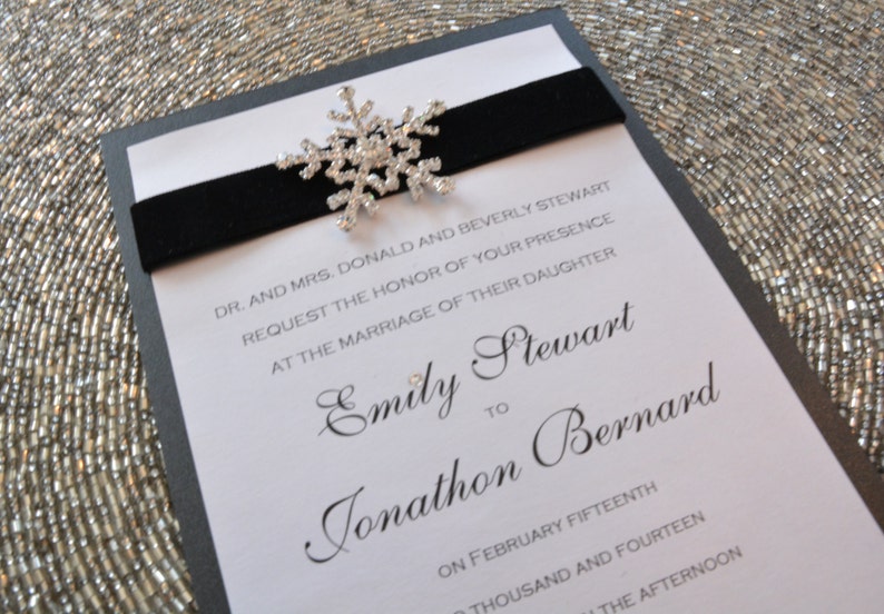 Black and White Rhinestone Snowflake Wedding Invitation image 4