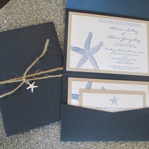 Beach Theme, Destination Wedding Invitation, Starfish, Navy Blue, Pocket Invitation image 1