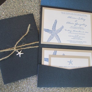Beach Theme Wedding Invite, Destination Wedding Invitation, Starfish, Navy Blue, Pocket Invitation