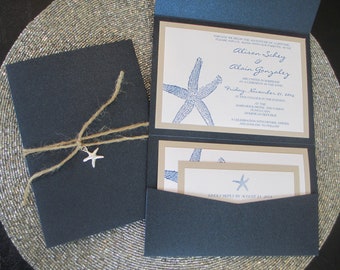 Beach Theme Wedding Invite, Destination Wedding Invitation, Starfish, Navy Blue, Pocket Invitation