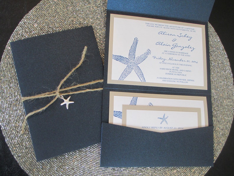 Beach Theme, Destination Wedding Invitation, Starfish, Navy Blue, Pocket Invitation image 1