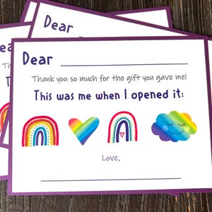 Tarjetas de agradecimiento para niños para completar los espacios en blanco / Notas de agradecimiento arcoíris / Tarjetas de notas moradas
