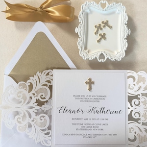 First Holy Communion Invitation, Baptism Invitation, Christening Invitation,  Girls First Communion Invite, White and Gold