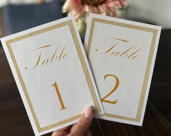 Wedding Table Numbers Printed, White and Gold Glitter, Modern Wedding Decor, Reception Centerpiece