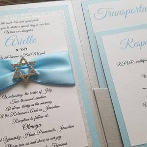 Blue and Silver Bat Mitzvah Pocket Invitation
