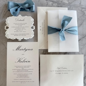 Neutral Wedding Invitation with Silk Bow, Dusty Blue Wedding Invitation