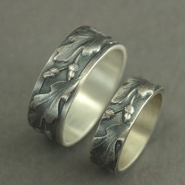 Oak Band Set Silver Wedding Bands His and Hers Rings Fall Acorn Rings Oak Leaf Embossed Fall Wedding Rings Woodland Wedding Bands Autumn