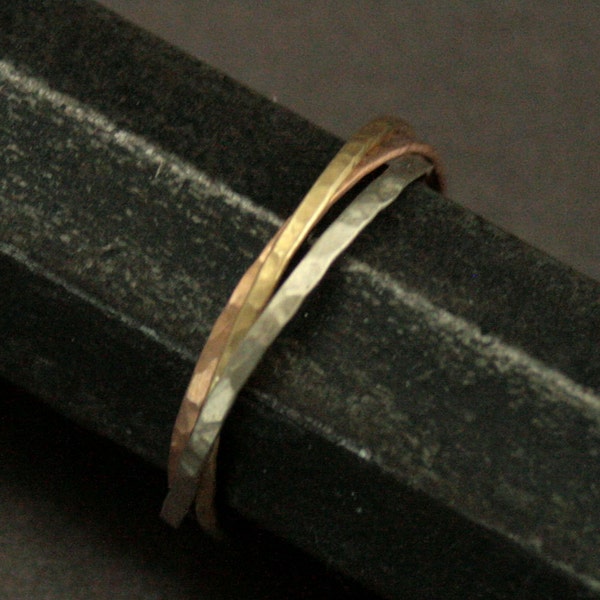 14K Gold Rolling Ring Thin Hammered Bands Tricolor Rolling Ring Thin Gold Rings Hammered Stacking Rings Triple Ring Interlocking Rings