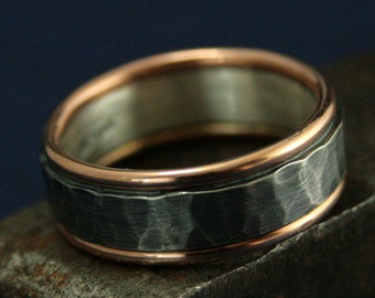 Two Tone Band--8mm Wide Paragon--Hammered Band--Rustic Ring--Gold and Silver Band--Men's Wedding Ring--Oxidized Silver Ring--Men's Band