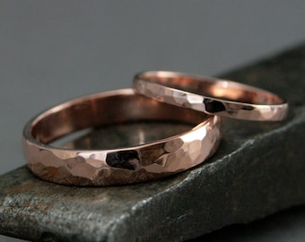 14K Gold Wedding Set--Perfect Hammered Bands--Rose Gold Rings--His and Hers Wedding Rings--Men's Wedding Band--Women's Wedding Ring