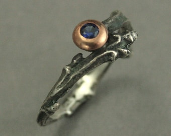 Blue Sapphire Ring Twig Ring Branch Ring Rose Gold and Silver Rustic Engagement Ring Lady of the Lake Forest Ring Nature Ring Something Blue