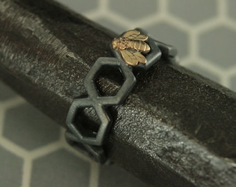 Gold Bee Ring Open Honeycomb Ring Honeybee Ring Honeybee Band Unique Wedding Band Hexagon Ring Geometric Ring Black and Gold Ring