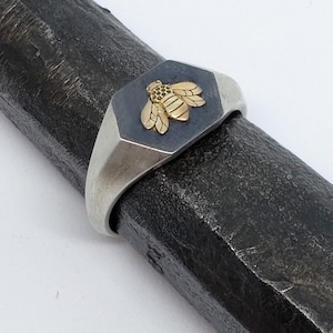 Honey Bee Signet Ring Gold Honeybee Ring Queen Bee Unique Engagement Ring Promise Ring Hexagon Ring Insect Ring Honey Comb Geometric Ring