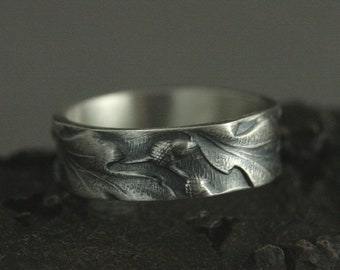 Band Tree Ring Nature Inspired Band Oak Leaf Ring Acorns Band Embossed Ring Silver Promise Band 6mm Oak Ring Silver Pattern Band Blazer Arts