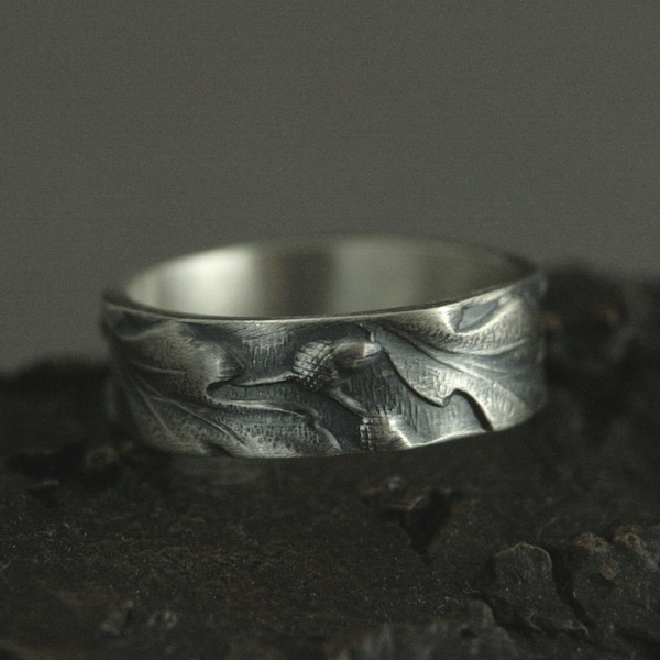 Bandbaum Ring Natur inspiriert Band Eichenblattring Eicheln Band Geprägter Ring Silber Versprechen Band 6mm Eichenring Silbermuster Band Blazer Kunst