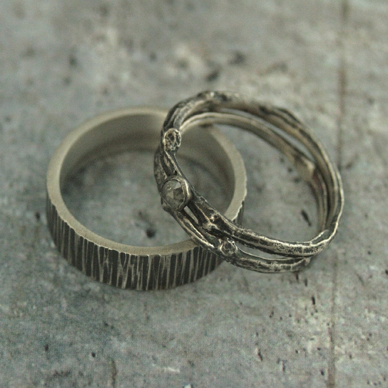 Woodland Wedding Set Twig Bands His and Hers Set Rustic Wedding Set Branch Wedding Bands Silver Twig Rings Grey Rose Cut Diamond Real Twigs image 3