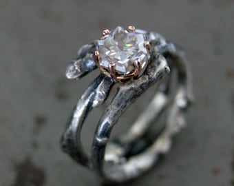 Conjunto de noiva com galhos de moissanita hexagonal fundidos a partir de um galho real Conjunto de casamento rústico em prata e ouro Anéis de casamento da floresta Anéis élficos