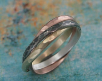 Gold Silver Rolling Ring Hammered Rolling Bands Interlocking Rings Fidget Wedding Ring Rustic Gold and Silver Intertwined Bands 2.5mm bands