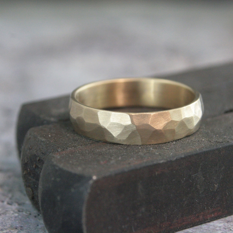 Hammered Gold Wedding Band Perfect Hammered 5mm Band Solid 14K Gold Men's Wedding Ring Rustic Band Your Choice of Gold Color Rustic Ring image 8