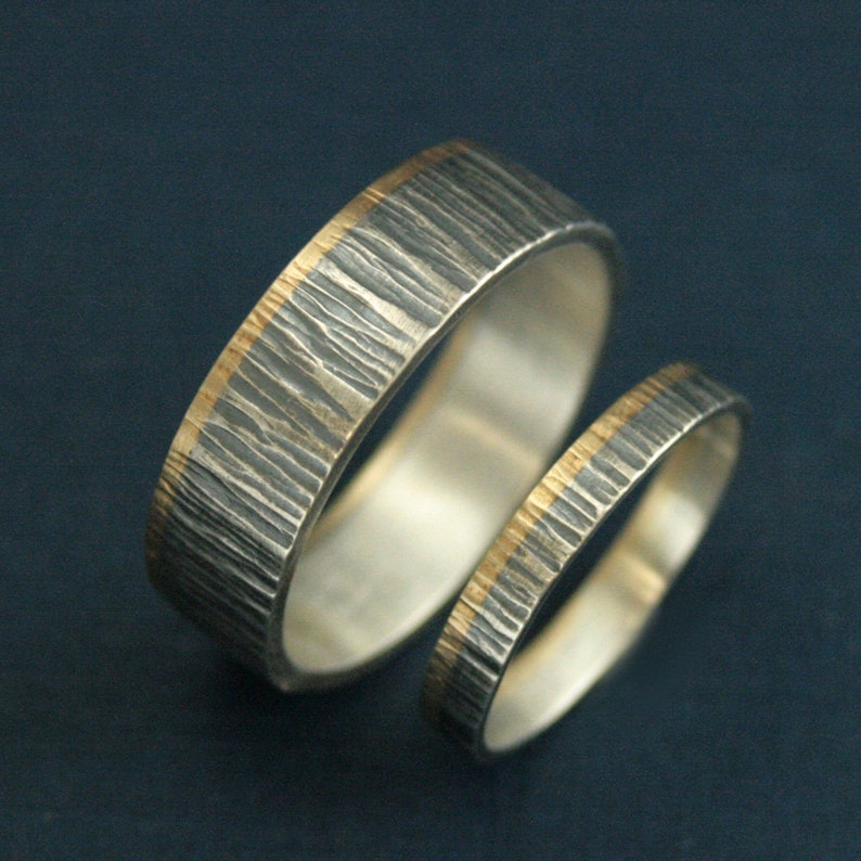 Nature Ring Set Tree Rings His and Hers Set Gold Silver Rings Tree Bark Bands Rustic Wedding Rings Two Tone Bands Oak Rings Outdoors Bands image 2