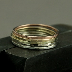 Ombre Rainbow Set of Five 1mm Square Hammered Bands Four Solid 14K Gold and One Sterling Silver Stacking Rings Unique Women&#39;s Stacking Set