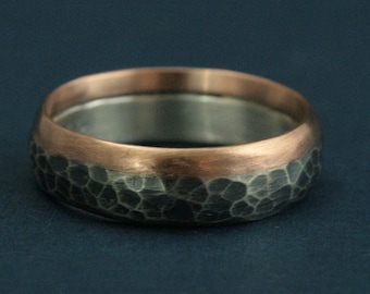 Two Tone Hammered Band--Revolution Ring--14K Rose Gold and Silver Ring--Steampunk Band--Hammered and Oxidized Silver Ring-Men's Wedding Band