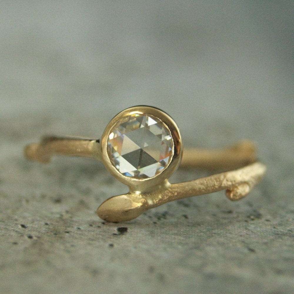 Twig Engagement Ring 14K Yellow Gold Moissanite Ring 6mm Rose Cut Moissanite Engagement Ring Gold Branch Ring Cast Twig Ring One of a Kind