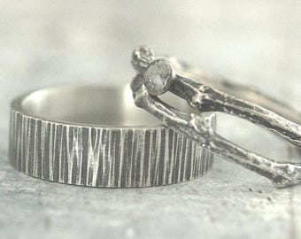 Woodland Wedding Set Twig Bands His and Hers Set Rustic Wedding Set Branch Wedding Bands Silver Twig Rings Grey Rose Cut Diamond Real Twigs