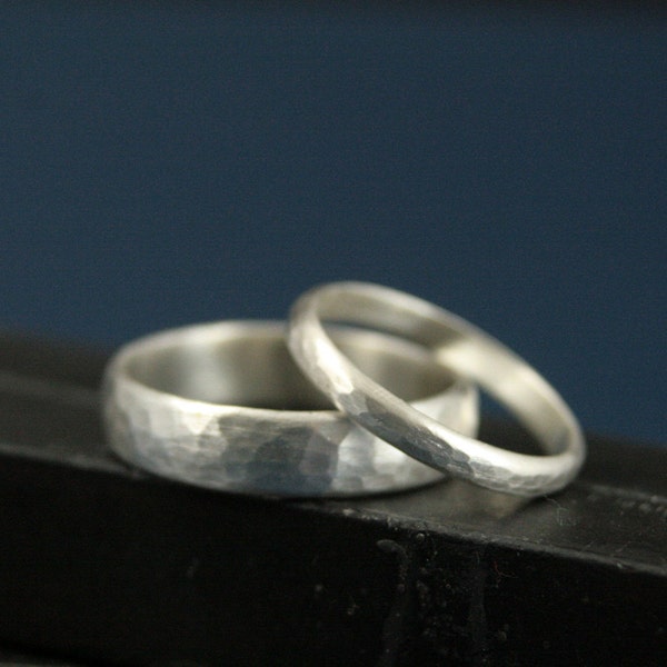 Perfect Hammered Bands--His and Hers Silver Wedding Rings--Wedding Band Set--Simple and Unique--Solid Sterling Silver Hammered Bands