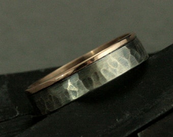 Two Tone Wedding Ring - The Centurion Band - 14K Rose Gold and Sterling Silver Ring - Hammered Ring - Bimetal Band-Rustic Men's Wedding Ring