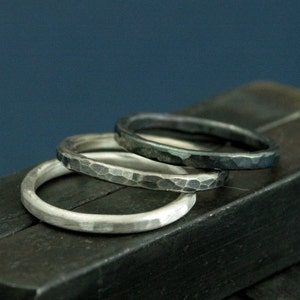 Ombre Trio - Silver Stacker Rings - Set of 3 - 2mm Thin Solid Sterling Silver Bands - Hand Made Hammered Stacking Set - Silver Stacking Set