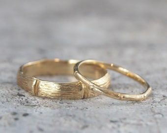 Solid Gold Bamboo Ring Set Gold Wedding Band Set Hand Cast Gold Branch Rings His and Hers Gold Wedding Ring Set Solid Gold Rings