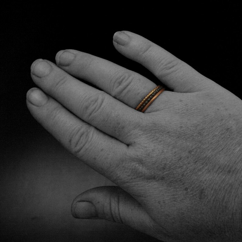 Gold and Silver Textured Stacking Ring Set-14K Gold and Sterling Silver Stackers with Twist /& Beaded Band-Three Stacking Bands Hammered