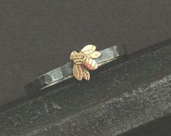 Queen Bee Ring Honey Bee Mine 10K 14K or 18K Yellow Gold Bee Ring Silver Wedding Band Nature Inspired Ring Promise Ring Hammered Silver Ring