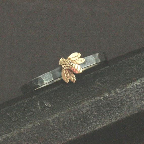 Queen Bee Ring Honey Bee Mine 10K 14K or 18K Yellow Gold Bee Ring Silver Wedding Band Nature Inspired Ring Promise Ring Hammered Silver Ring