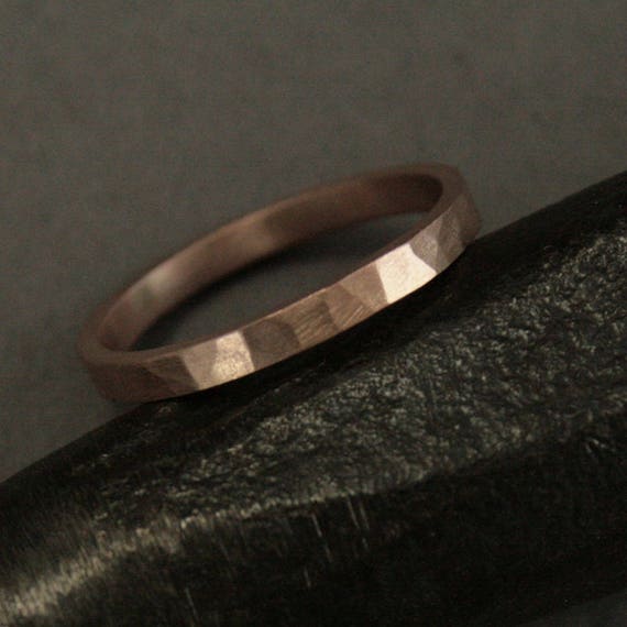 Rose Gold Wedding Band--Hammered Wedding Ring--2mm Flat Edge Ring--Women's Wedding Band--Pipe Edge Band-Shiny Hammered Ring-Ladies Flat Band