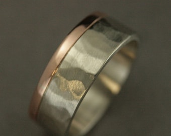 Band Men's Wedding Ring 8mm Wide Band Hammered Ring Two Tone Band Hammered Gold Ring Men’s Rustic Band Multi Color Ring Rose & White Gold