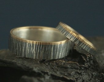 Nature Ring Set Tree Rings His and Hers Set Gold Silver Rings Tree Bark Bands Rustic Wedding Rings Two Tone Bands Oak Rings Outdoors Bands