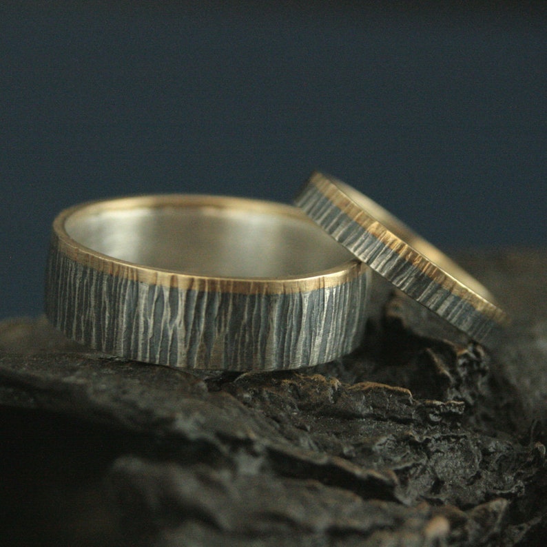 Nature Ring Set Tree Rings His and Hers Set Gold Silver Rings Tree Bark Bands Rustic Wedding Rings Two Tone Bands Oak Rings Outdoors Bands image 1