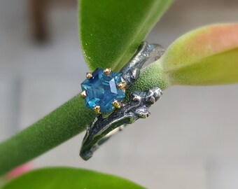 One of a Kind Engagement Ring Twig Ring Hexagon Blue/Green Sapphire Notable Gem Branch Ring Woodland Wedding Hexagon Stone Rustic Wedding