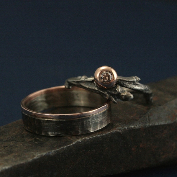 Juego de anillos de boda de estilo rústico con diseño de bosque y ramitas con diamantes color champán en oro rosa Juego de anillos de boda inspirados en la naturaleza Juego de alianzas de boda de metal mixto