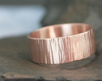 14K Gold Hammered Bark Band 8mm Wide Gold Wedding Ring Rustic Gold Band Wide Men's Gold Ring Men's Wedding Band Handmade Gold Ring Flat Bark