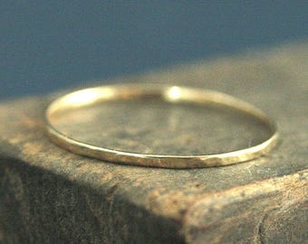 14K Gold 1mm Thin Hammered Ring Handmade Solid Gold Midi Ring Women's Gold Wedding Band Facetted Gold Ring Spacer Band Super Skinny Minnie