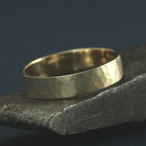 Gold Men's Ring 5mm Wide Band 14K Gold Hammered Band Men's Wedding Band Flat Band Rustic Ring Men's Gold Ring Gold Wedding Band Flat Ring